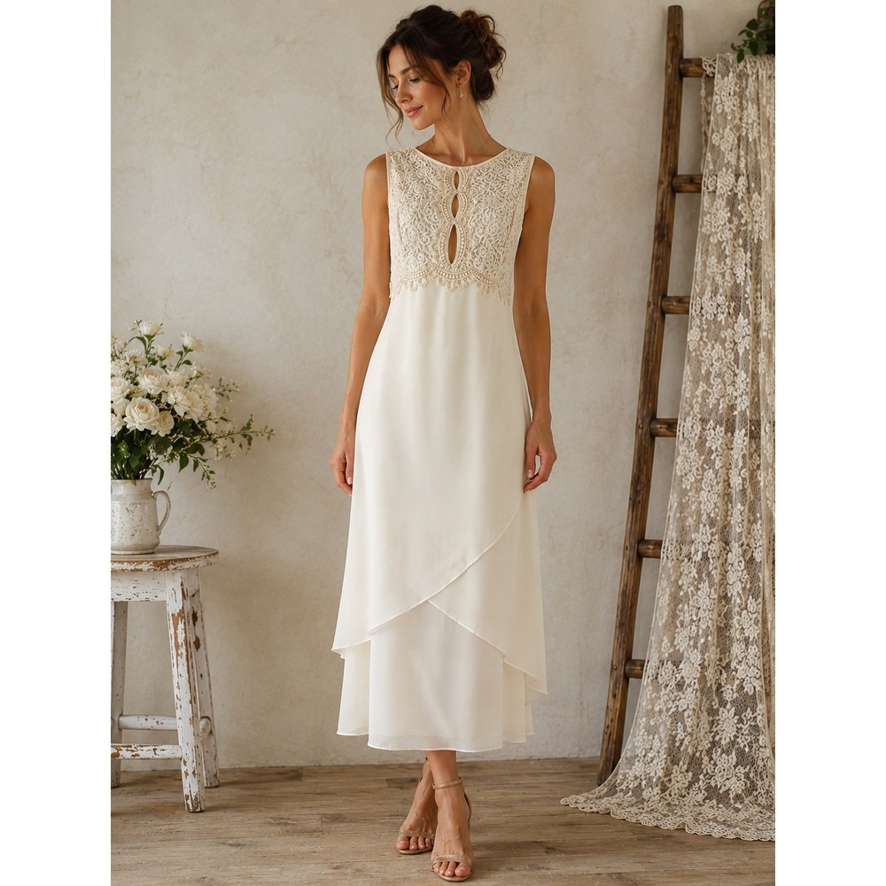 Kiki USA Ivory Lace Layered Chiffon Dress Size L Vtg 90s Romantic Bridal Shower
